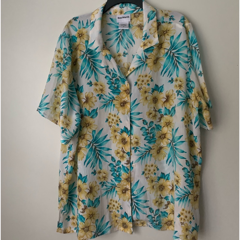Button front Hawaiian shirt with turquoise blue and yellow tropical flowers